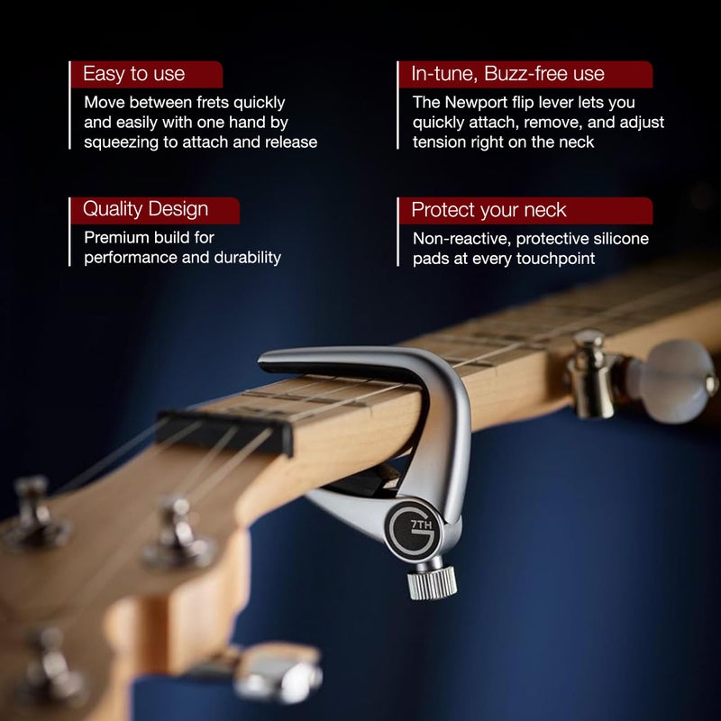 G7th Newport Guitar Capo, Classical Silver - 60mm Low-Profile, Easy to Use Flip Lever Guitar Capo with Fine-Tune Adjustment Knob, Safe Silicone Pads - Perfect for Classical & Flamenco Guitars - Image 5
